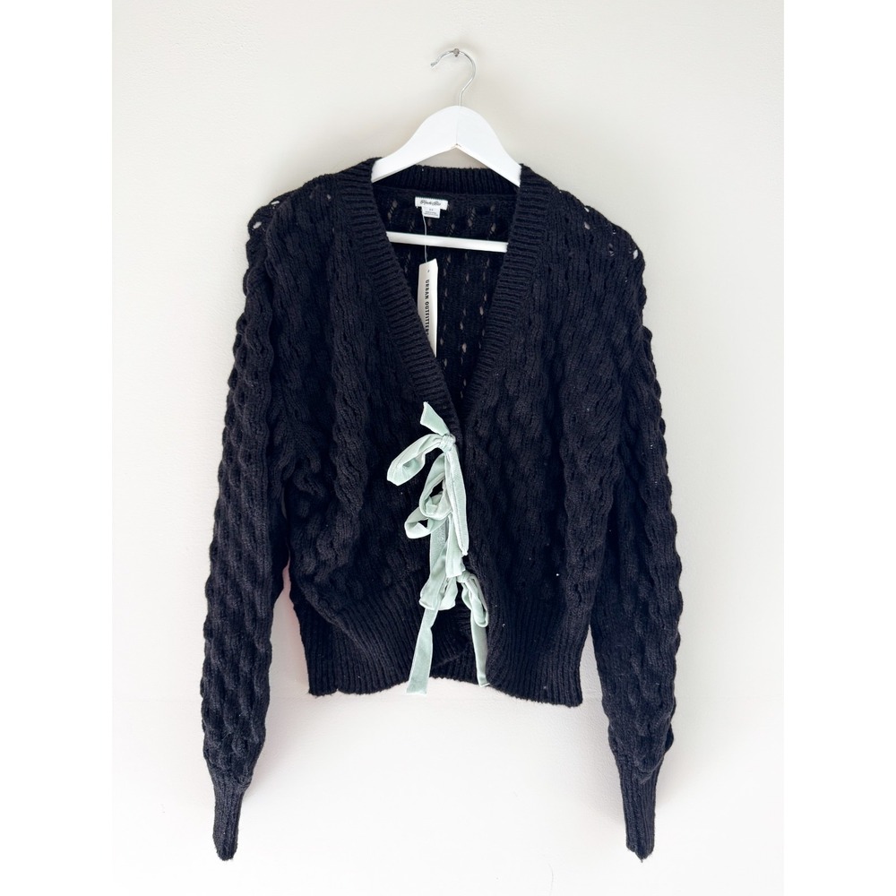 Kimchi Blue Cora bow cardigan in black with mint ribbon tie, Size S